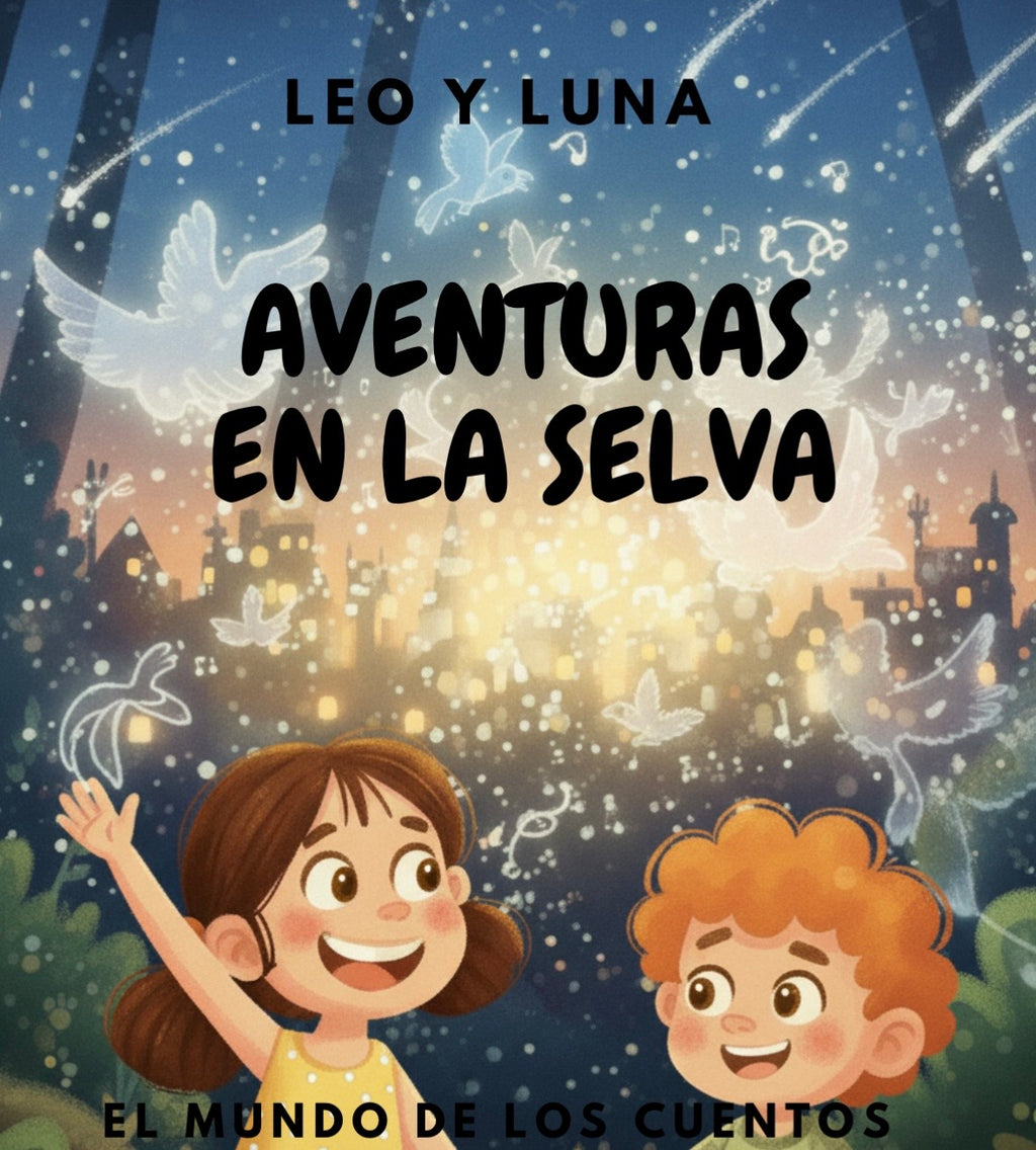 Portada del cuento Aventuras en la Selva con Leo y Luna, ilustración infantil colorida
