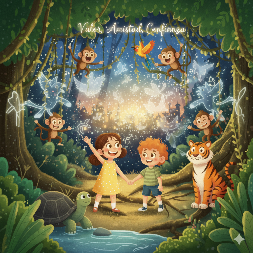 Escena del cuento infantil Aventuras en la Selva, Leo y Luna con animales de la selva
