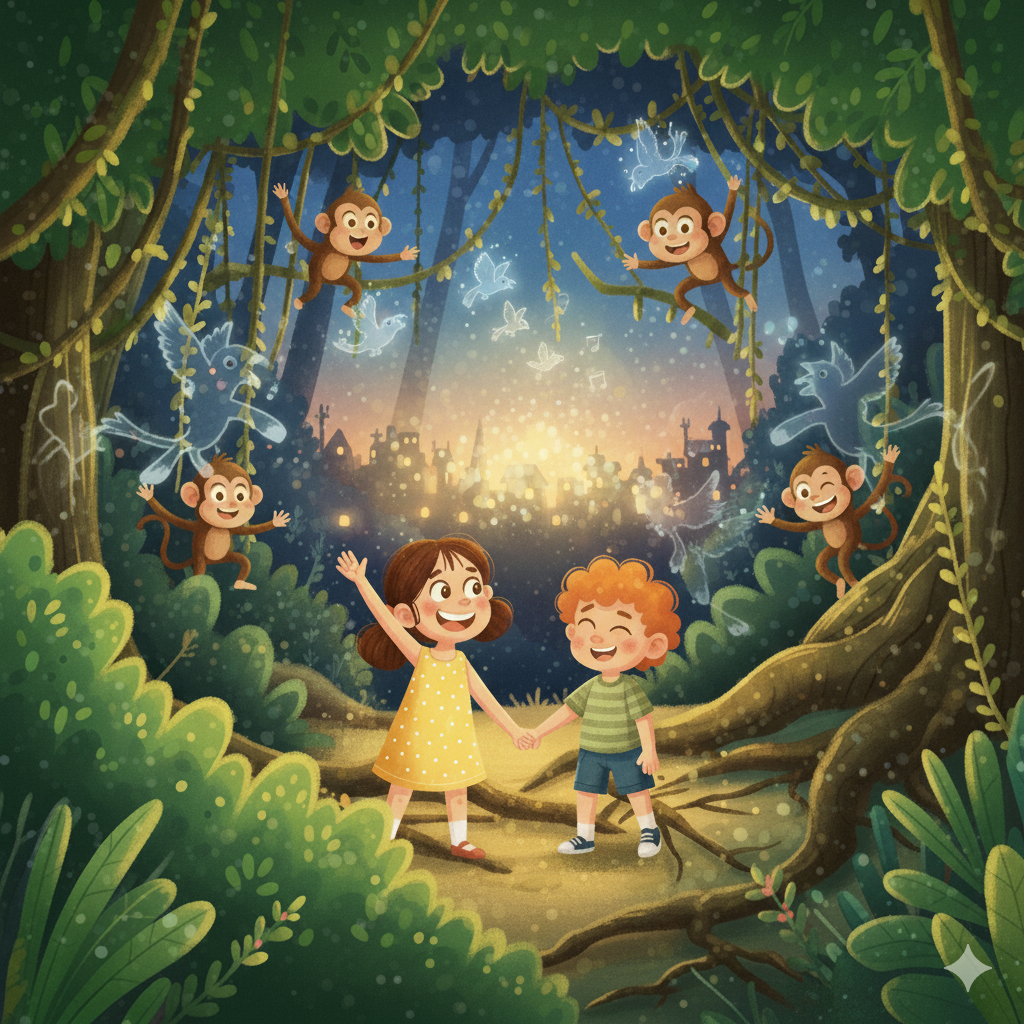 Leo y Luna explorando la selva con animales, ilustración del cuento infantil
